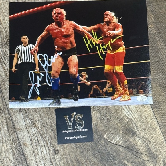 Hulk Hogan and Ric Flair Signed Wrestling Photo with Red and Yellow Attire